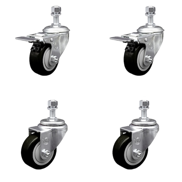Service Caster 3.5 Inch SS Black Poly Swivel 1/2 Inch Threaded Stem Caster Total Lock Brake, 2PK SSTSTTL20S3514-PPUB-BLK-121315-2-S-2 - main
